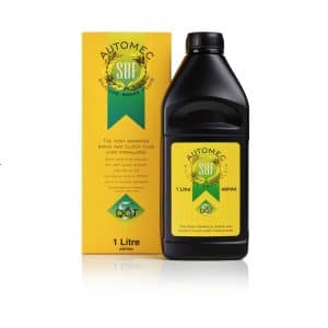 A yellow product box and a black plastic bottle of Silicon Brake & Clutch Fluid Dot 5 - 500 ml (Copy), both featuring a logo with a wreath and the text “SBF DOT 5.”