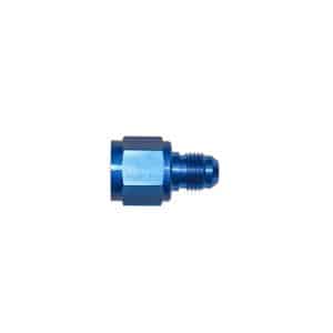 Blue 7/16″ Female to 3/8″ Male Adaptor Reducer with a hexagonal base and a tapered, threaded end.