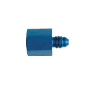 Blue metal 7/16″ Female to 3/8″ Male Adaptor Reducer pipe fitting with a hexagonal base and a threaded end.