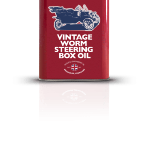 A rectangular red metal tin of Millers Oils Vintage Worm Steering Box Oil featuring an illustration of an antique car and a Union Flag emblem.