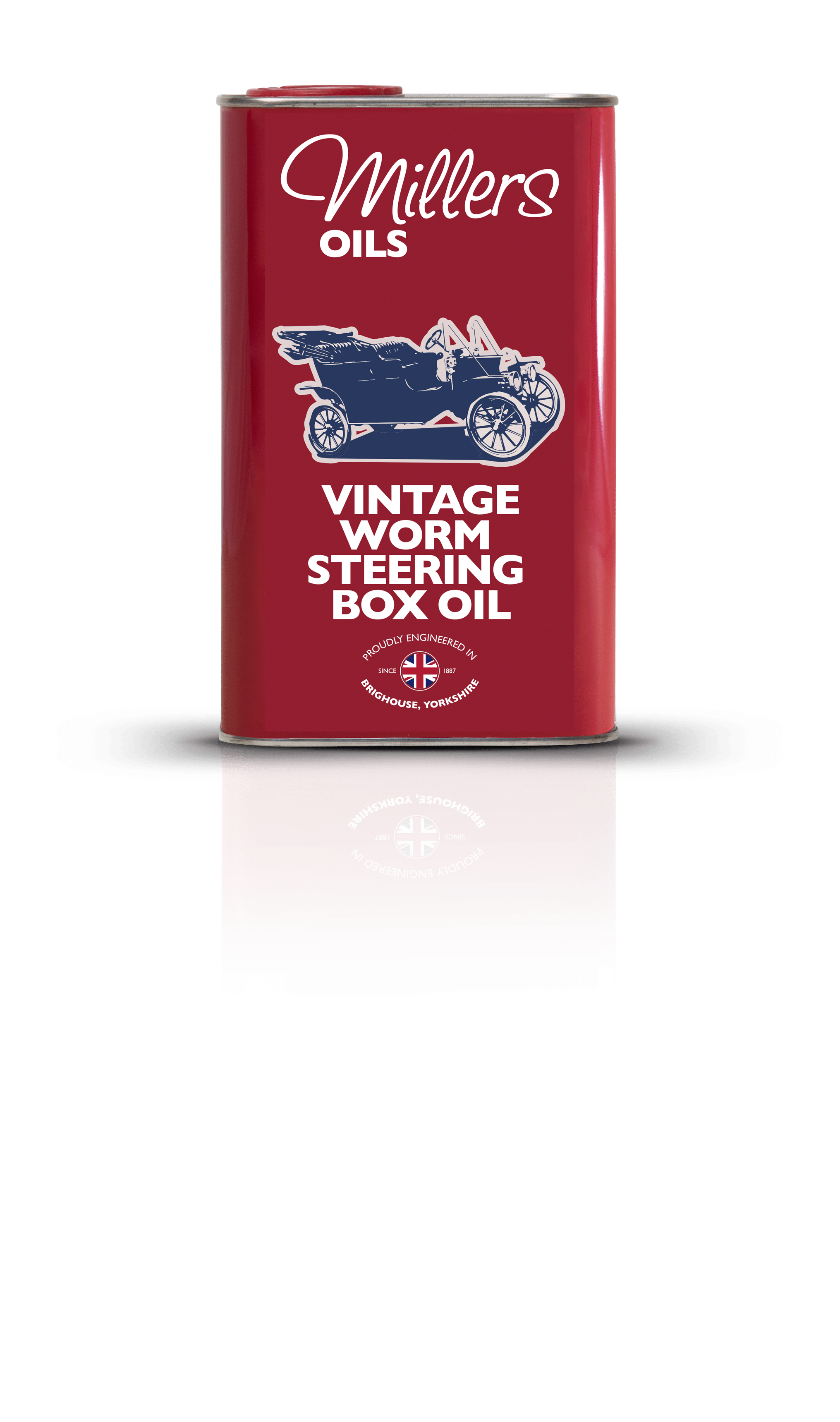 A rectangular red metal tin of Millers Oils Vintage Worm Steering Box Oil featuring an illustration of an antique car and a Union Flag emblem.